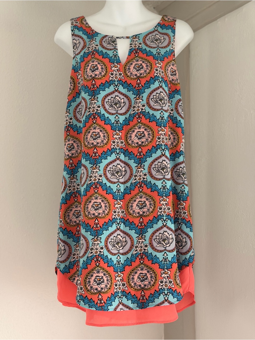 Pink Owl Coral & Turquoise Printed Sleeveless Tunic